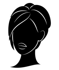 Silhouette of the head of a cute lady. The girl shows the hairstyle bob care with short and medium hair. Suitable for logo, advertising. Vector illustration.