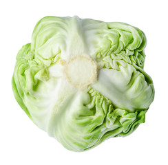 Fototapeta premium Head of fresh early cabbage isolated on white. Close-up. View from above.