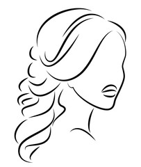 Silhouette of a profile of a sweet lady's head. The girl shows a female hairstyle on medium and long hair. Suitable for logo, advertising. Vector illustration.