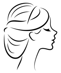 Silhouette of a profile of a sweet lady's head. The girl shows a female hairstyle on medium and long hair. Suitable for logo, advertising. Vector illustration.