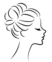 Silhouette of a profile of a sweet lady's head. The girl shows a female hairstyle on medium and long hair. Suitable for logo, advertising. Vector illustration.