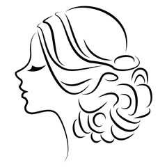 Silhouette of a profile of a sweet lady's head. The girl shows a female hairstyle on medium and long hair. Suitable for logo, advertising. Vector illustration.