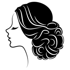 Silhouette of a profile of a sweet lady's head. The girl shows a female hairstyle on medium and long hair. Suitable for logo, advertising. Vector illustration.
