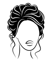 Silhouette of a profile of a sweet lady's head. The girl shows a female hairstyle on medium and long hair. Suitable for logo, advertising. Vector illustration.