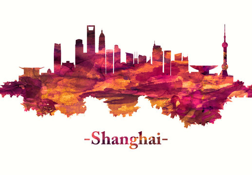 Shanghai China Skyline In Red