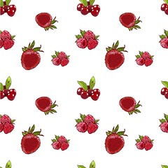 Marker Hand drawn isolated seamless pattern berries on white background banner. Sketched marker food . colorful Raspberry, strawberry, cherry illustration. for card, print, template, wallpaper