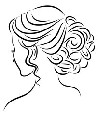 Silhouette of a profile of a sweet lady's head. The girl shows a female hairstyle on medium and long hair. Suitable for logo, advertising. Vector illustration.