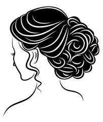 Silhouette of a profile of a sweet lady's head. The girl shows a female hairstyle on medium and long hair. Suitable for logo, advertising. Vector illustration.