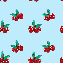 Marker Hand drawn isolated seamless pattern Cherry on blue background banner. Sketched food background. Abstract colorful berry illustration. Design element for card, print, template, wallpaper