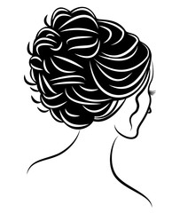 Silhouette of a profile of a sweet lady's head. The girl shows a female hairstyle on medium and long hair. Suitable for logo, advertising. Vector illustration.