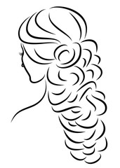 Silhouette of a profile of a sweet lady's head. The girl shows a female hairstyle on medium and long hair. Suitable for logo, advertising. Vector illustration.