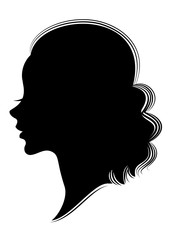 Silhouette of a profile of a sweet lady's head. The girl shows a female hairstyle on medium and long hair. Suitable for logo, advertising. Vector illustration.