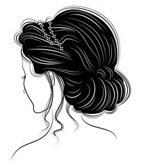 Silhouette of a head of a sweet lady. The girl shows a Greek hairstyle for long and medium hair. The woman is beautiful and stylish. Vector illustration.