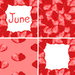 Strawberry set of patterns and frames. June. Design of calendar, postcard, flyer, summer holiday.