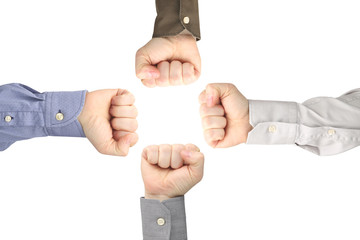 Obraz premium Four male hands clenched into fists opposite each other on a white background