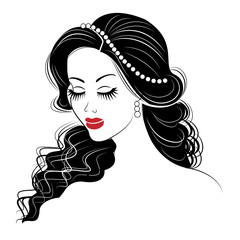 Silhouette of a head of a sweet lady. The girl shows her hairstyle on long and medium hair. The woman is beautiful and stylish. Vector illustration.