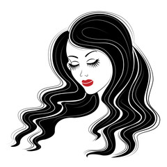 Silhouette of a head of a sweet lady. The girl shows her hairstyle on long and medium hair. The woman is beautiful and stylish. Vector illustration.