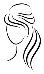 Silhouette of a head of a sweet lady. The girl shows her hairstyle on long and medium hair. The woman is beautiful and stylish. Vector illustration.