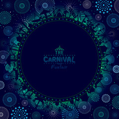 Vector illustration of the carnival funfair design with fireworks background. - obrazy, fototapety, plakaty