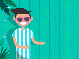 Summer concept.Young character with glasses standing near modern blue fence.Copyspace.flat cartoon design