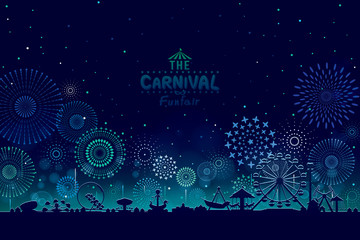 Vector illustration of the carnival funfair design with fireworks background.