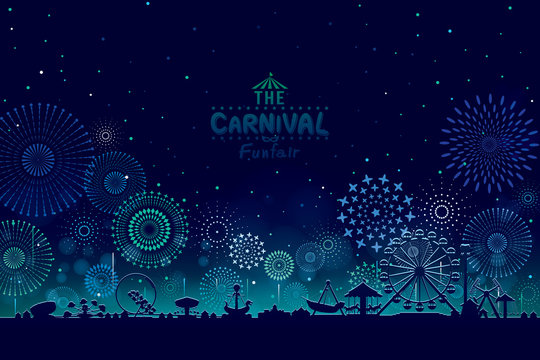 Vector illustration of the carnival funfair design with fireworks background.