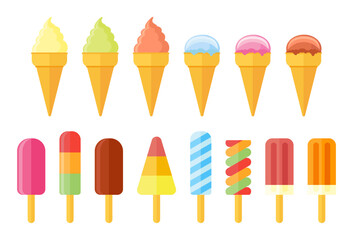 Collection of ice cream. Set of cones, ice lolly, popsicles isolated on white background. Flat style icons.