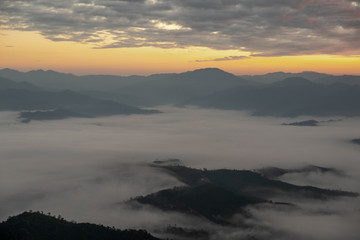 Fog, mountains, sunlight, beautiful mountain tops of the point of view. scenic beauty in the morning. Mae Moei, Tak in Thailand
