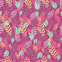 Pink seamless pattern with multicolor leaves