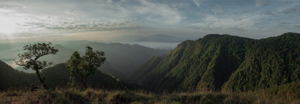 Panorama Fog, mountains, sunlight, beautiful mountain tops of the point of view. scenic beauty in the morning. Mae Moei, Tak in Thailand