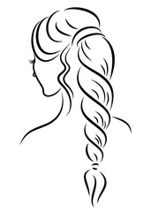 Silhouette profile of a cute lady's head. The girl shows the female hairstyle braid on medium and long hair. Suitable for advertising, logo. Vector illustration.
