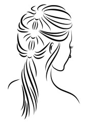 Silhouette profile of a cute lady's head. The girl shows the female hairstyle braid on medium and long hair. Suitable for advertising, logo. Vector illustration.