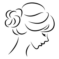 Silhouette of a profile of a sweet lady's head. The girl shows a female hairstyle on medium and long hair. Suitable for logo, advertising. Vector illustration.