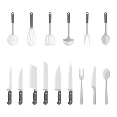Set of kitchen utensils, tools isolated on white background. Knives, spoons, forks, spatula and etc. Flat style vector illustration.