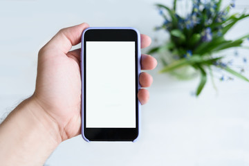 Male hand with a smartphone. White blank screen. Table with flowers on background