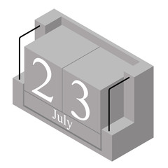 July 23rd date on a single day calendar. Gray wood block calendar present date 23 and month July isolated on white background. Holiday. Season. Vector isometric illustration