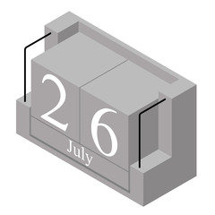 July 26th date on a single day calendar. Gray wood block calendar present date 26 and month July isolated on white background. Holiday. Season. Vector isometric illustration