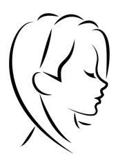 Silhouette of the head of a cute lady. The girl shows the hair bob care with short and medium hair. Suitable for logo, advertising. Vector illustration.