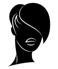 Silhouette of the head of a cute lady. The girl shows the hair bob care with short and medium hair. Suitable for logo, advertising. Vector illustration.