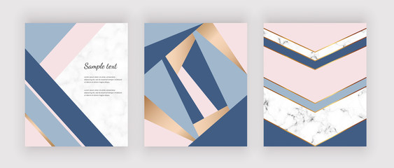 Geometric design on the marble texture. Pink, blue triangular shapes and golden lines. Background for brochure, wedding invitation, greeting, banner, flyer, poster, save the date, card