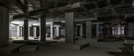 Concrete construction of basement of large building