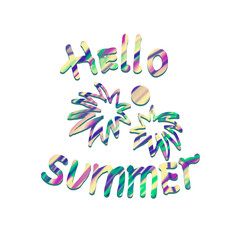 Hello summer post card with colorful lettering, palm trees, sun on white background 