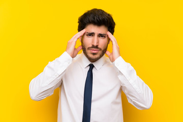 Businessman on isolated yellow background unhappy and frustrated with something. Negative facial expression