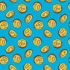 Golden coins variety falling, hand drawn doodle sketch, seamless pattern design on blue background