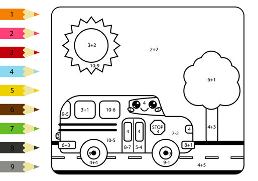 Mathematical coloring page for kids. Kawaii happy school bus. Worksheet with addition and subtraction.