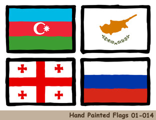 手描きの旗アイコン「アゼルバイジャンの国旗」「キプロスの国旗」「ジョージアの国旗」「ロシアの国旗」Flag of the Azerbaijan, Cyprus, Georgia, Russia, hand drawn isolated vector icon.