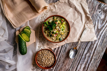 asty traditional Russian cold soup Оkroshka in healthy vegan version