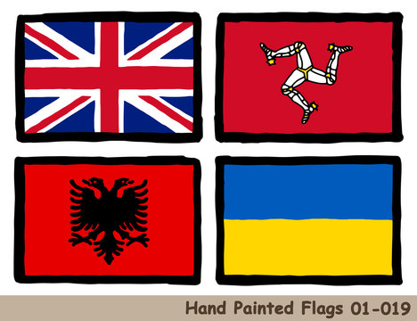 手描きの旗アイコン「イギリスの国旗」「マン島の旗」「アルバニアの国旗」「ウクライナの国旗」Flag of the United Kingdom, Isle of Man, Albania, Ukraine, hand drawn isolated vector icon.