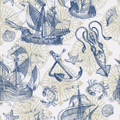 Old caravel, vintage sailboat, sea monster. Seamless pattern