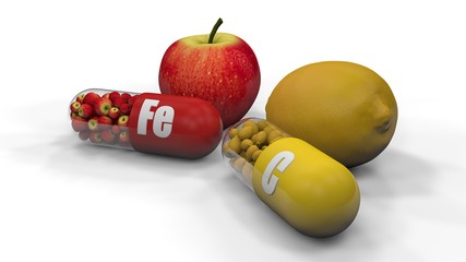 3D illustration of two capsules, tablets with iron trace element 